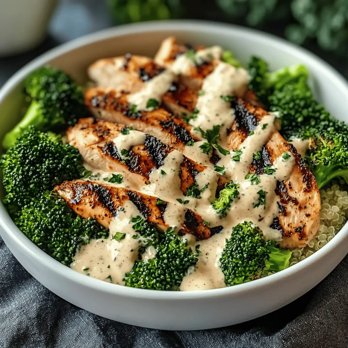 Savory Grilled Chicken & Broccoli Bowls with Creamy Garlic Sauce