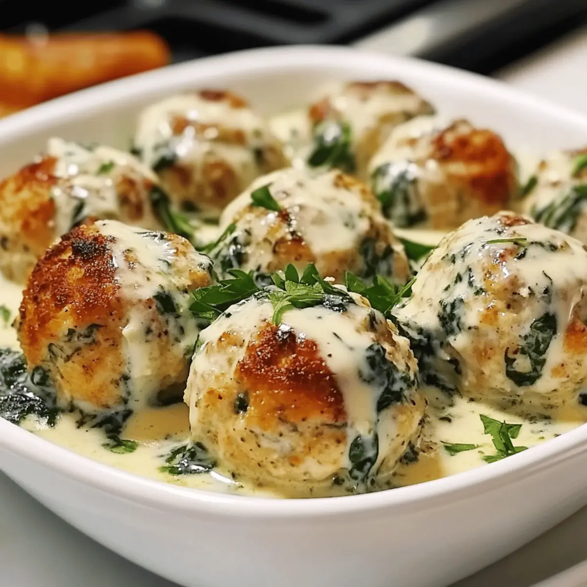 Irresistible Baked Chicken Ricotta Meatballs with Spinach Alfredo Sauce