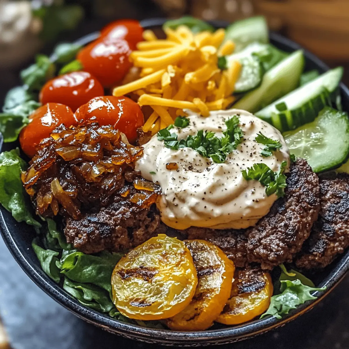 Savory Burger Bowls with Caramelized Onion Aioli Delight