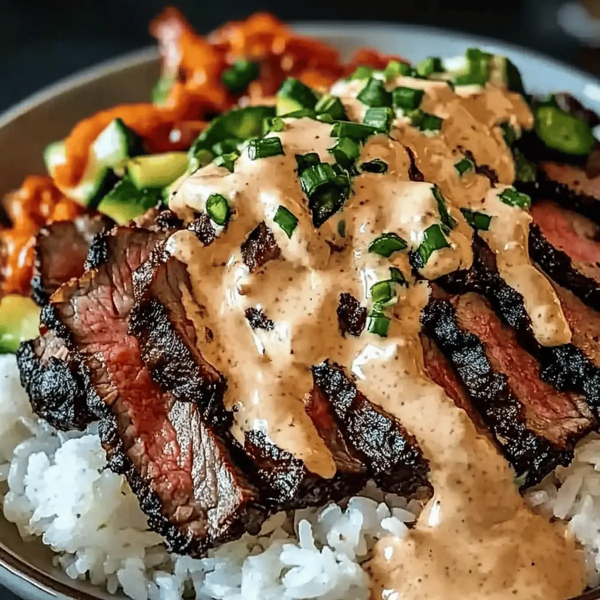 Savory Korean BBQ Steak Rice Bowls with Spicy Cream Sauce