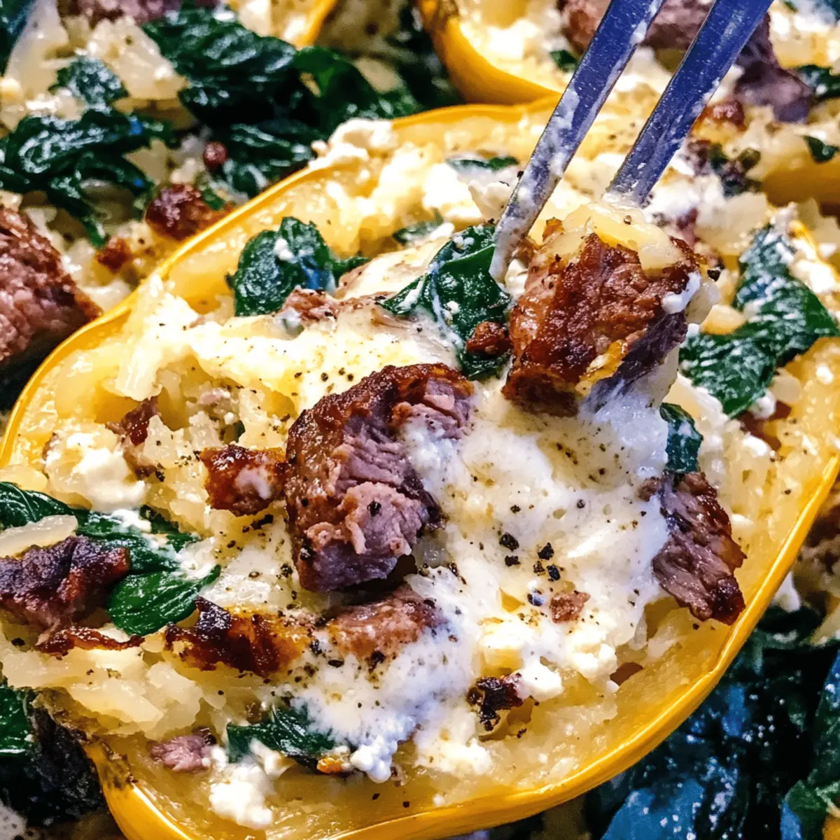 Keto Low Carb Steak Gorgonzola Alfredo Spaghetti Squash Bliss