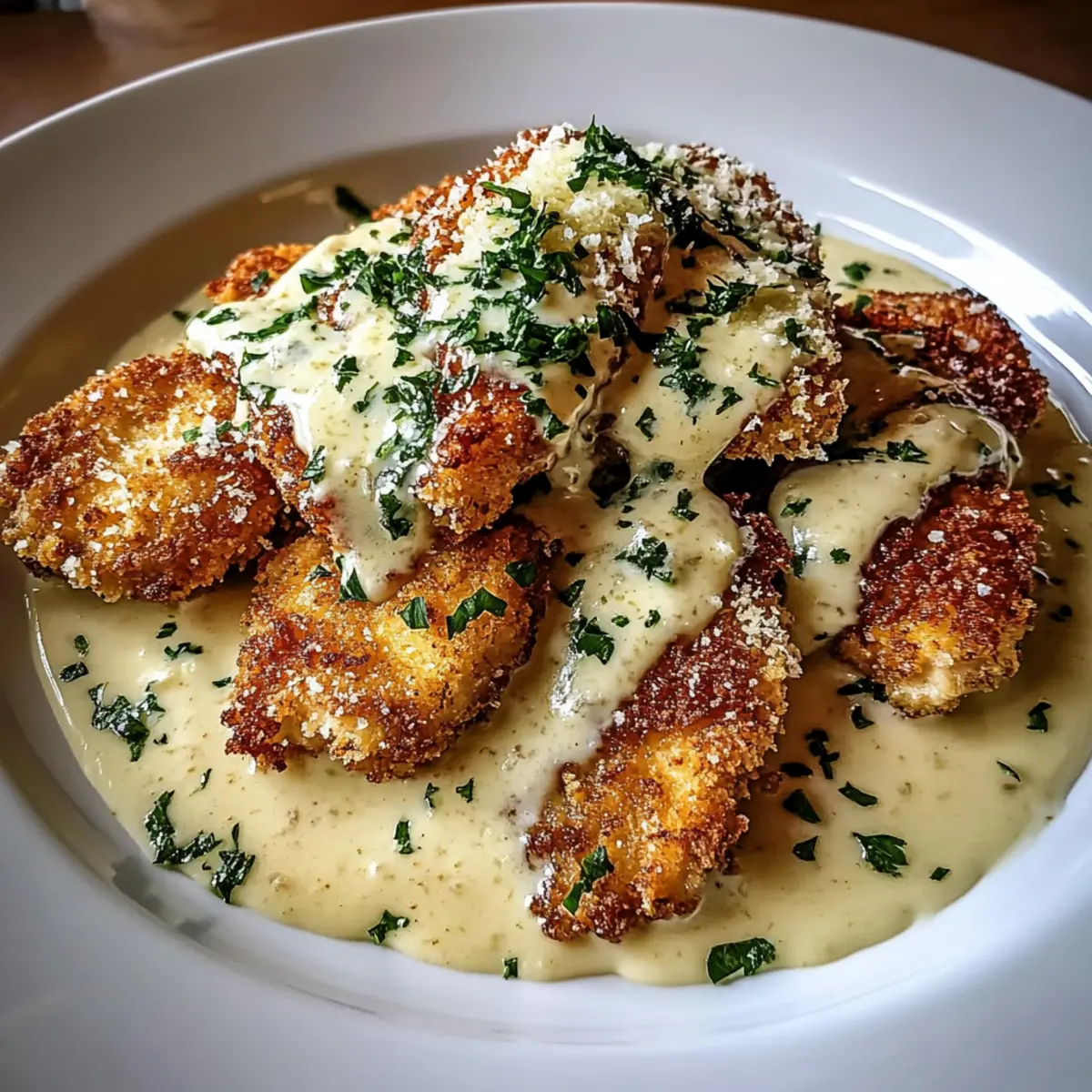 Crispy Parmesan Chicken with Garlic Cream Sauce Delight