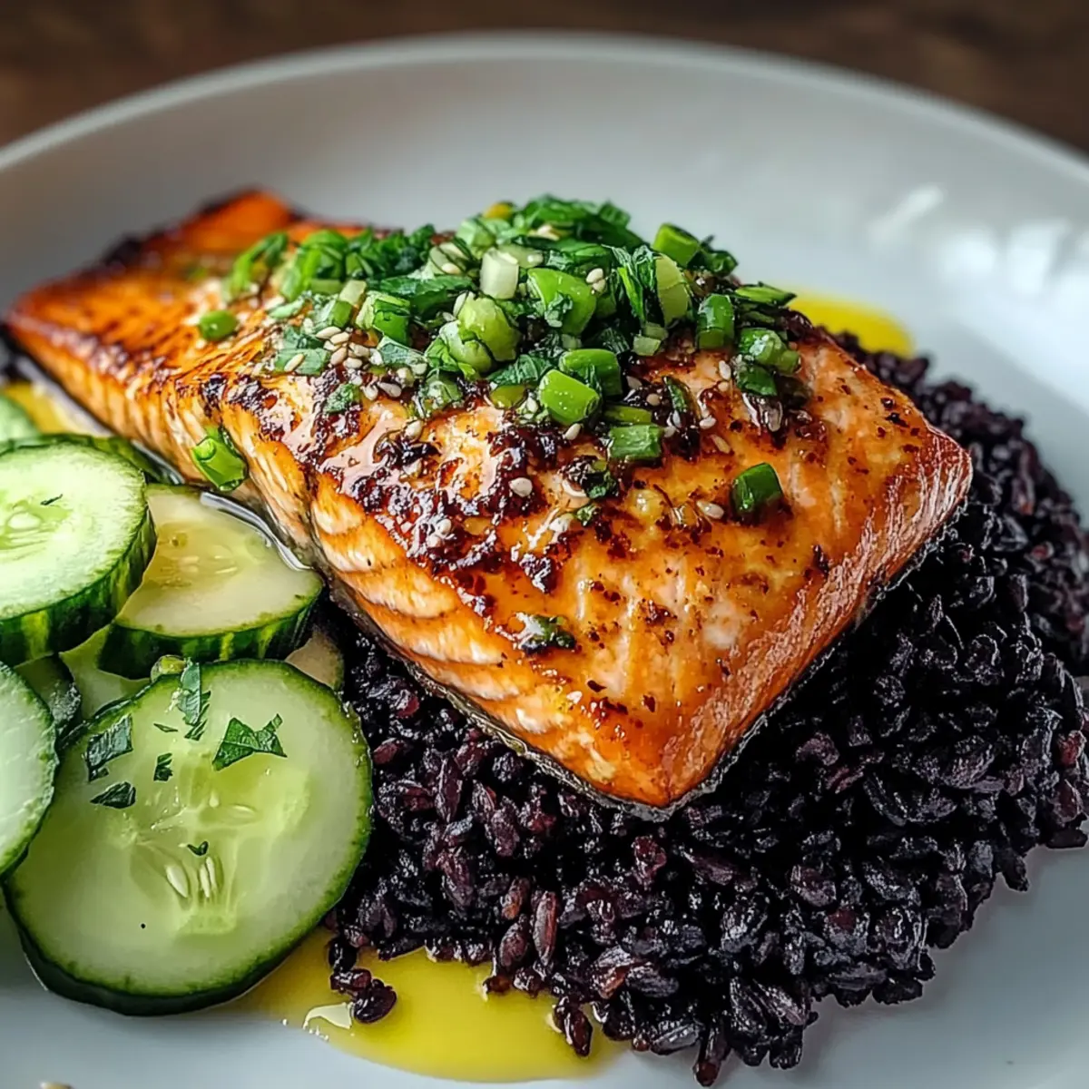 Miso Salmon with Black Rice and Coconut Cucumber Salad Bliss
